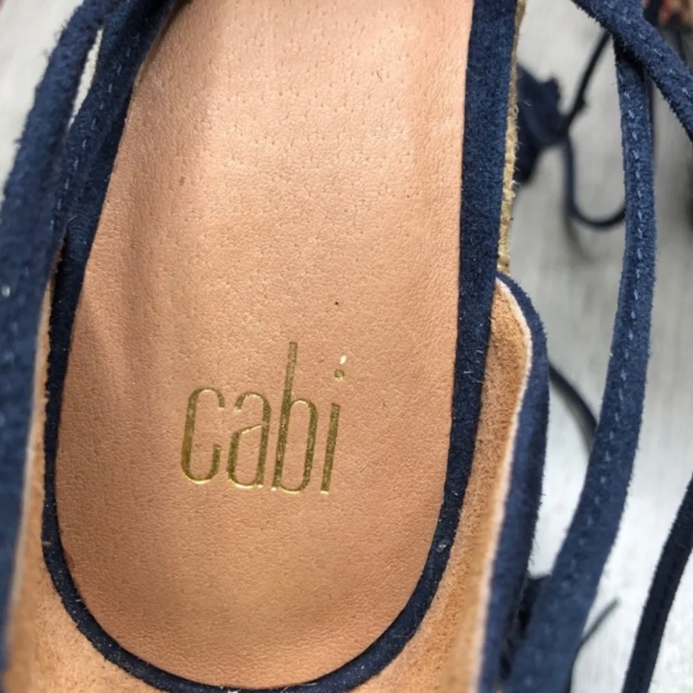 Cabi Isla leather espadrille ankle‎ tie wedge size 6 navy embroidered